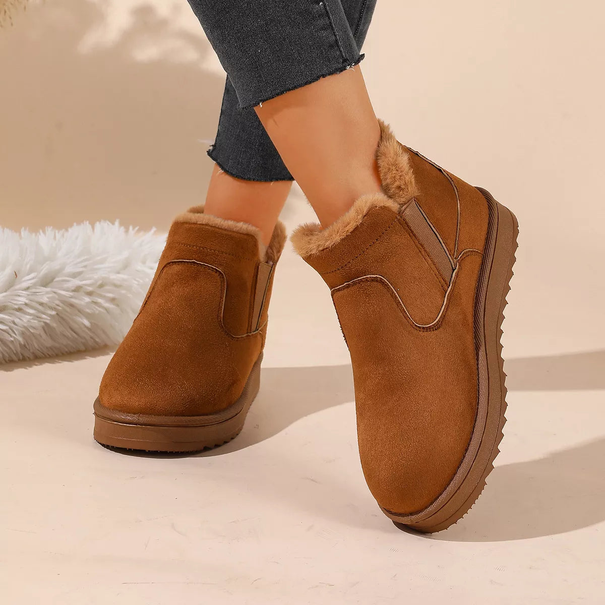 Plush Lined Winter Ankle Boots - Camel - View 2