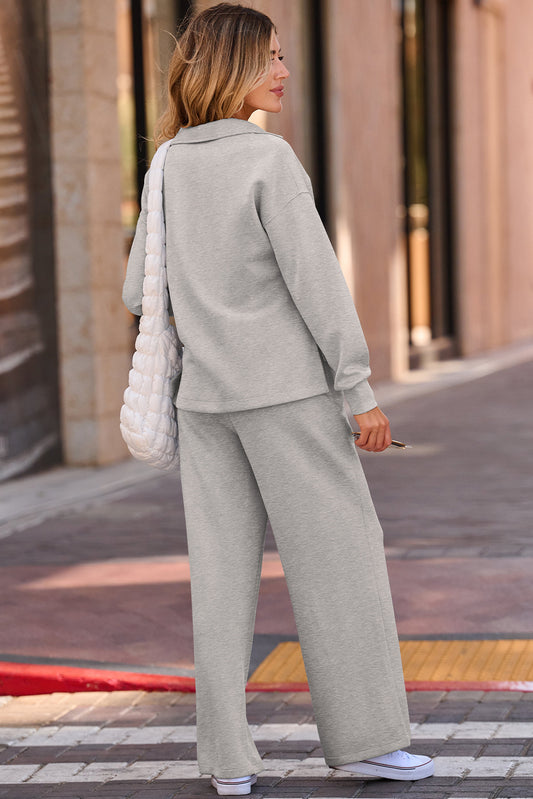 Gray Solid Color V Neck Top and High Waist Pants Set - Gray - 2