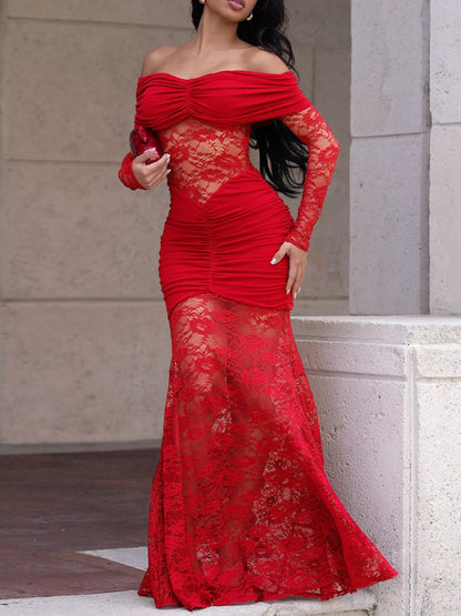 Off-Shoulder Ruched Lace Mermaid Maxi Dress - Red - View 1