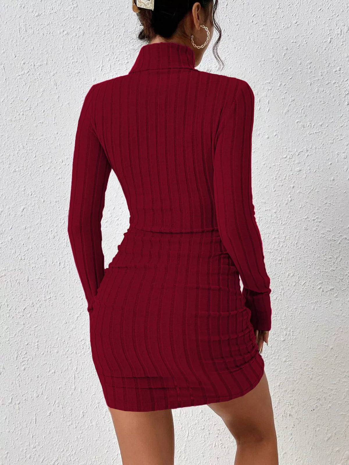 Turtleneck Ribbed Bodycon Knit Dress - Wine Red - View 5
