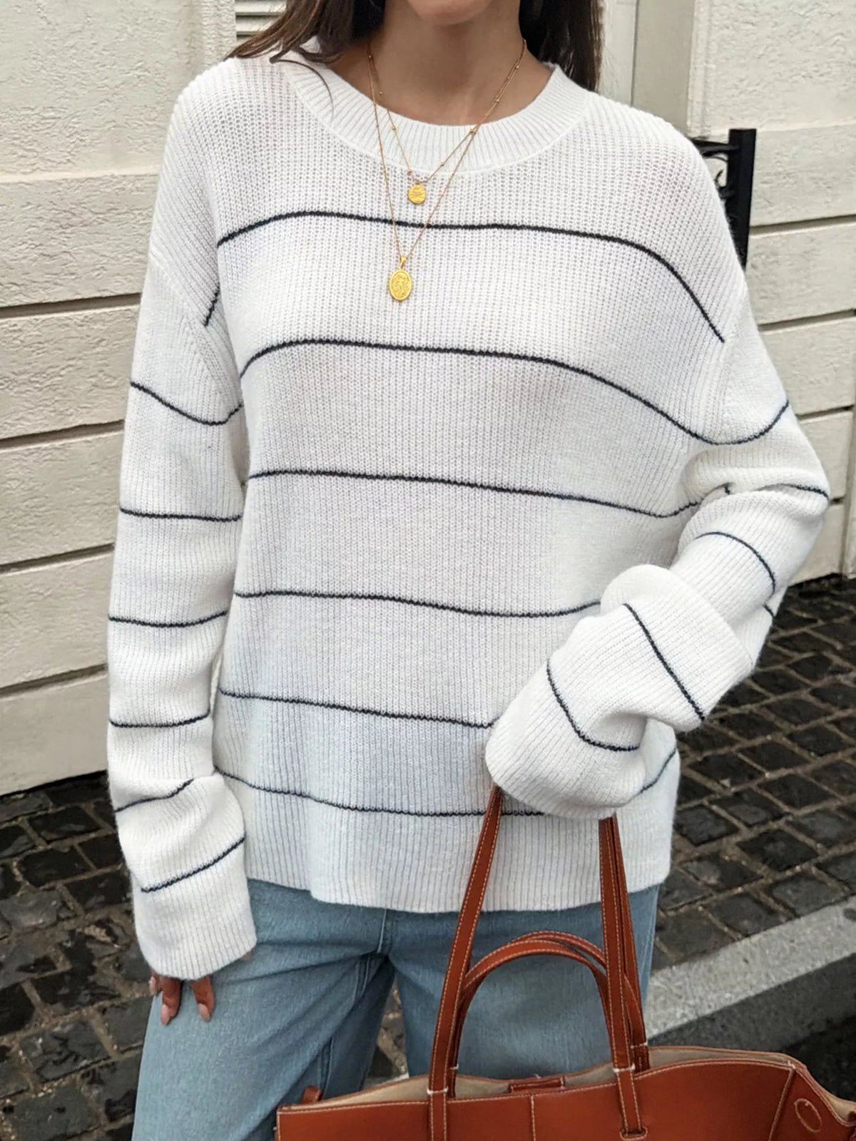 Striped Crew Neck Dropped Shoulder Sweater - White - View 3