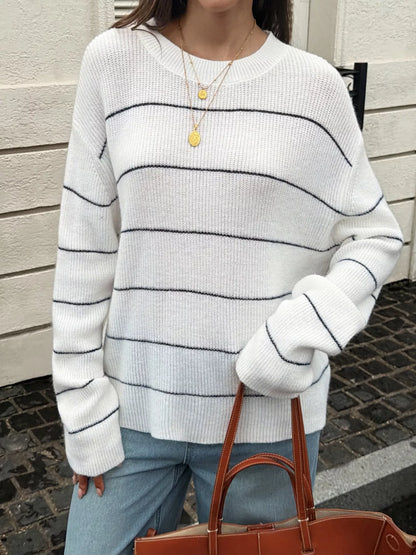 Striped Crew Neck Dropped Shoulder Sweater - White - View 3