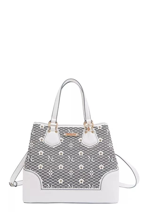 Nicole Lee USA Monogram Pattern Handbag with Rhinestones Decor - WHITE - View 17