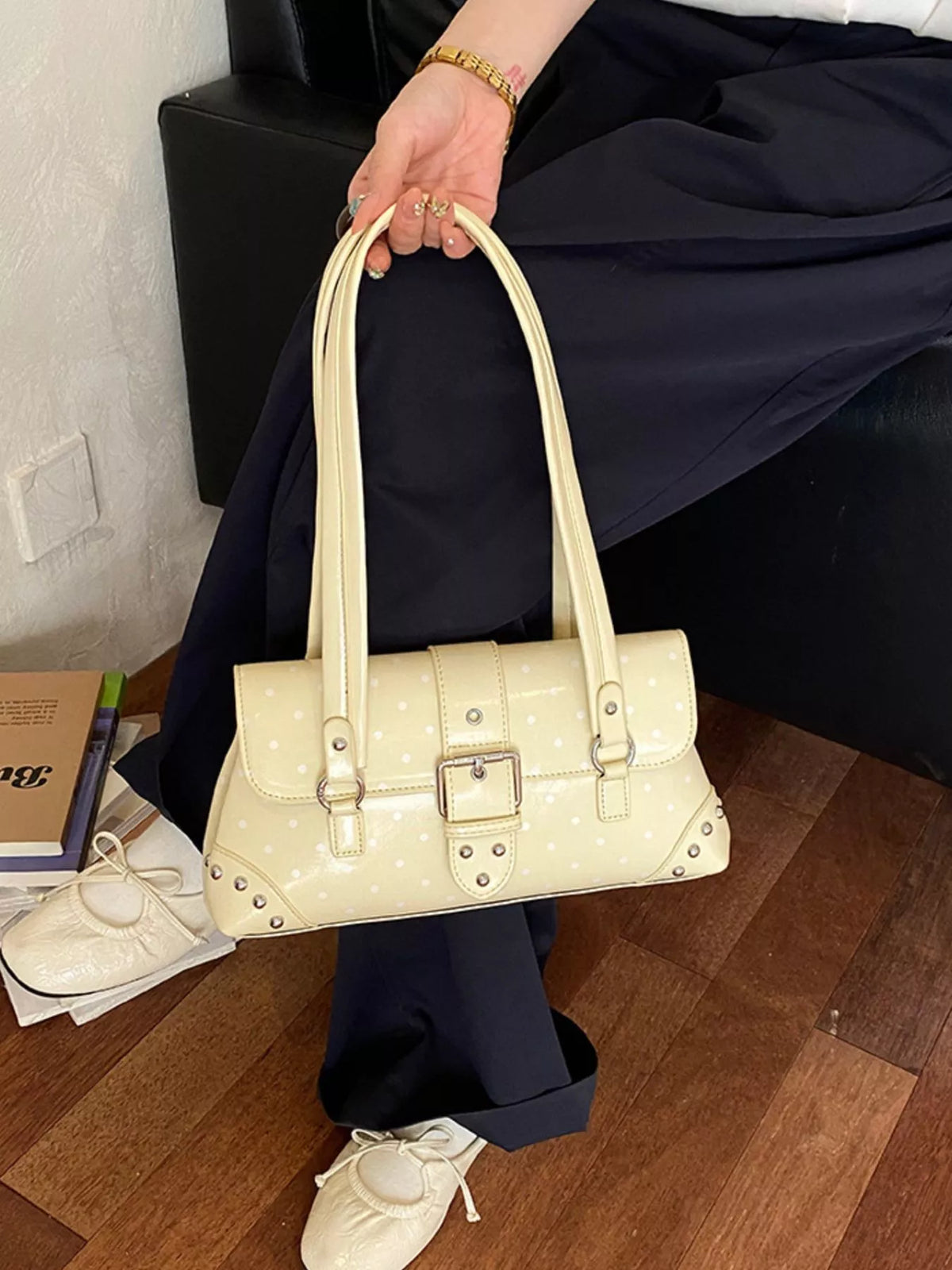 Polka Dot Studded Shoulder Bag - Light Yellow - View 6