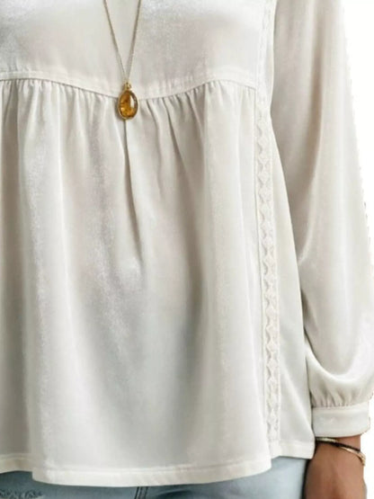 Full Size V-Neck Long Sleeve Velvet Blouse with Lace Trim Plus Size - White - View 3