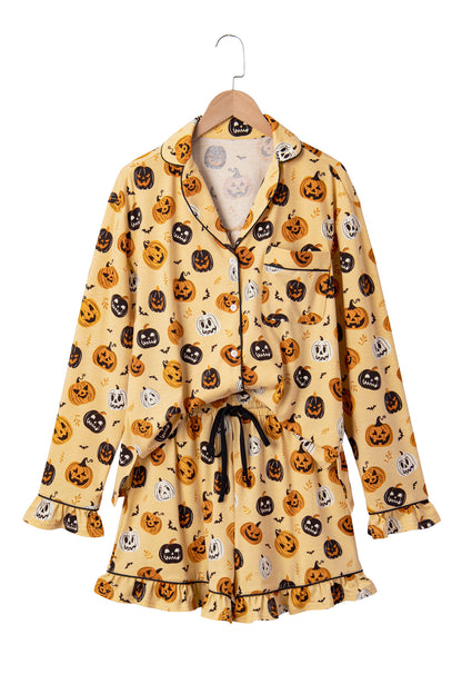 Orange Long Sleeve Ruffle Pumpkin Face Print Two Piece Lounge Set - product photo 19