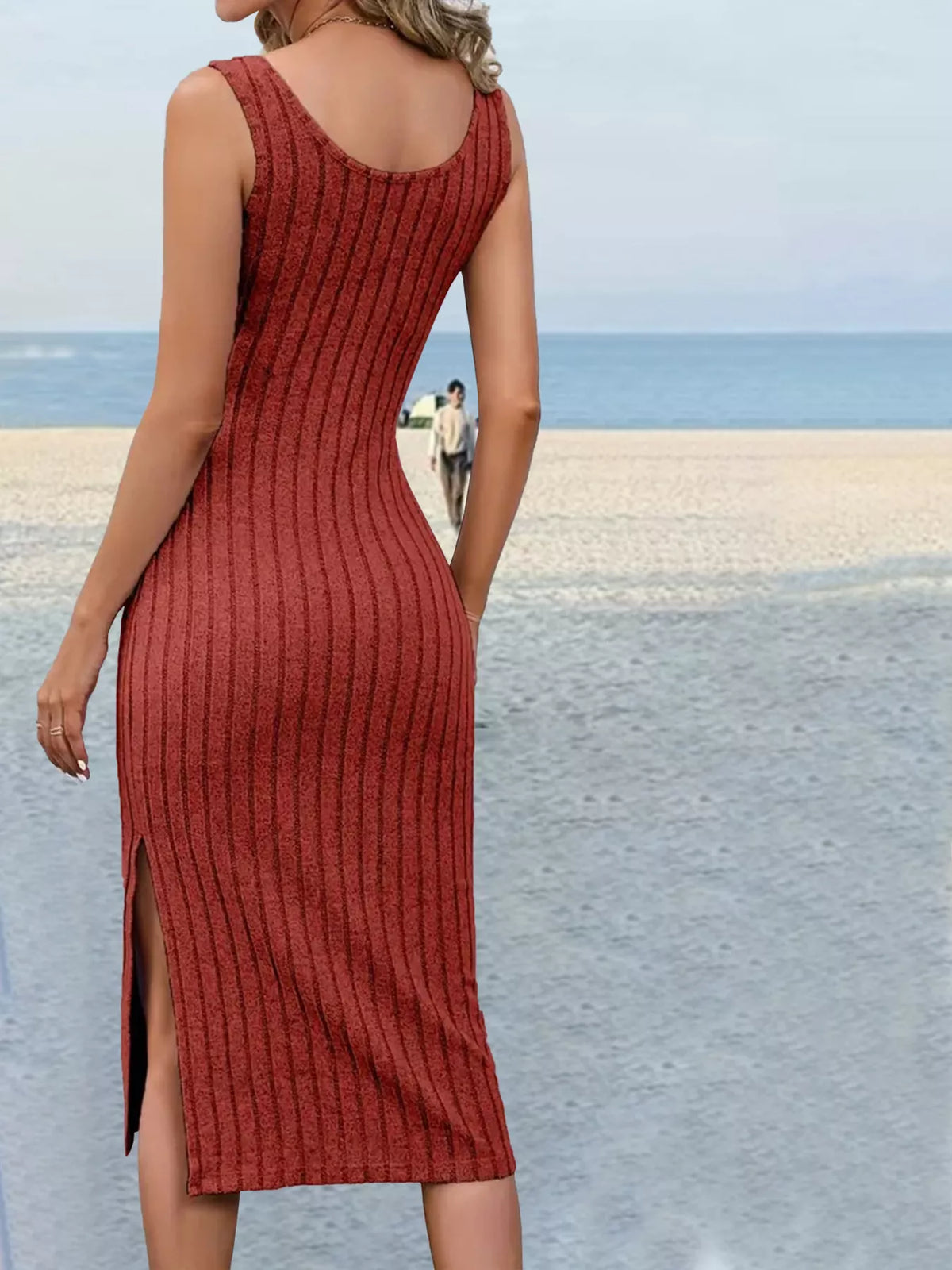 Slit Sleeveless Scoop Neck Dress - Orange Red - View 6