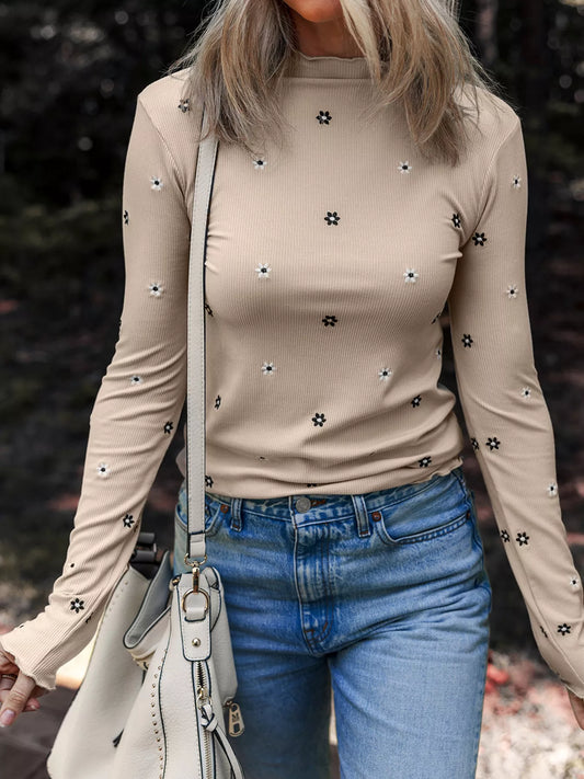 Floral Embroidered Detail Ribbed Long Sleeve Top - product photo 1