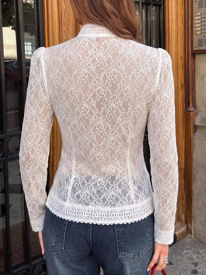 Lace Chinese Style Button Shirt - White - View 5
