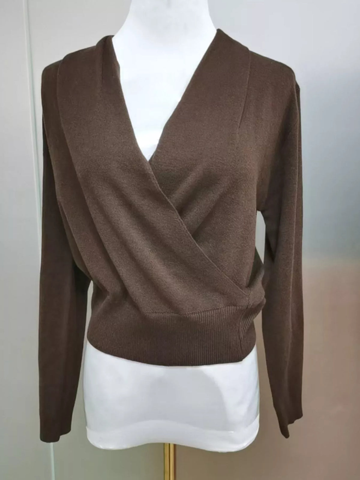 Wrap Front Long Sleeve Sweater - Brown - View 2