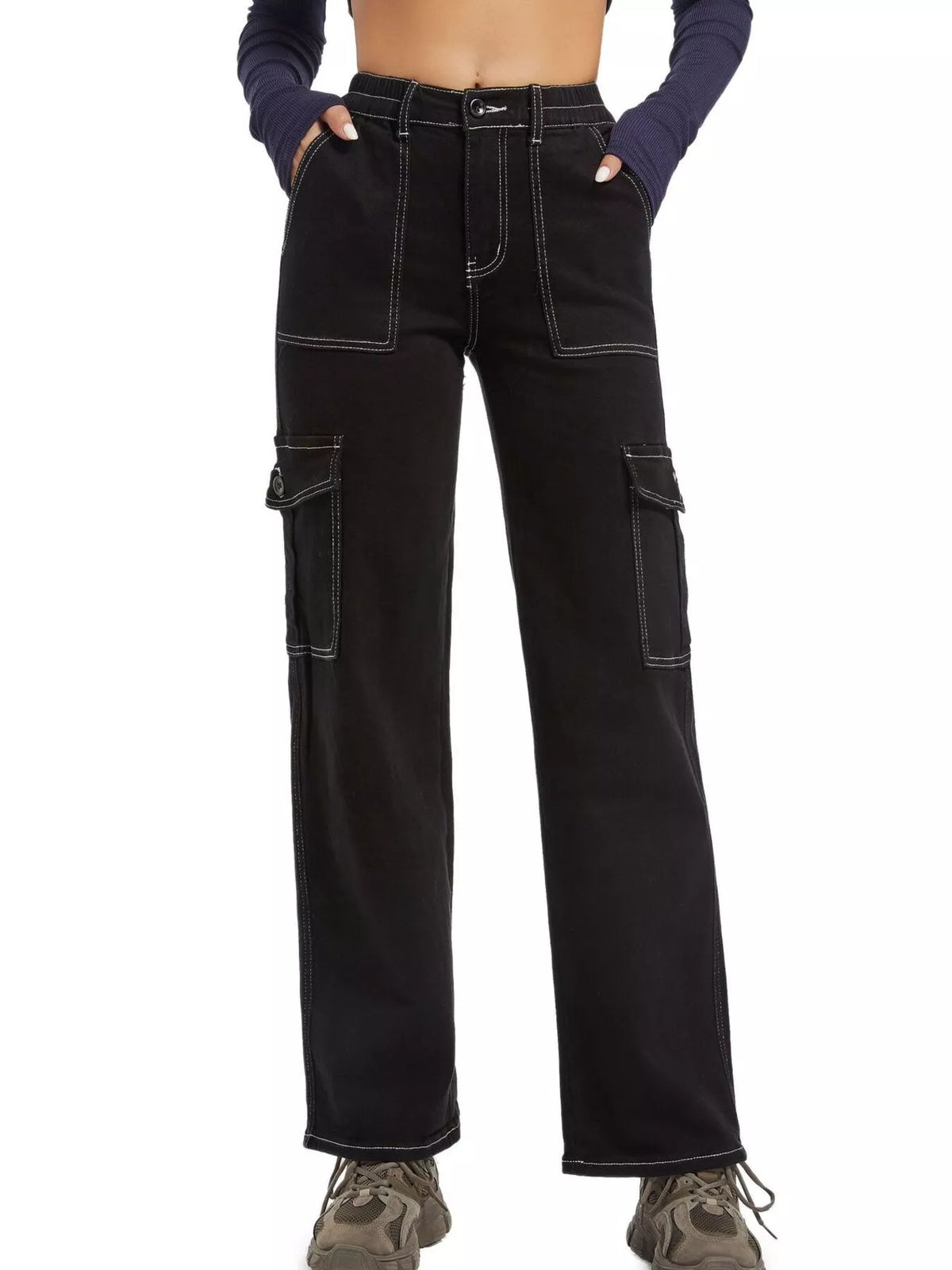 High-Waisted Cargo Jeans - White - View 4
