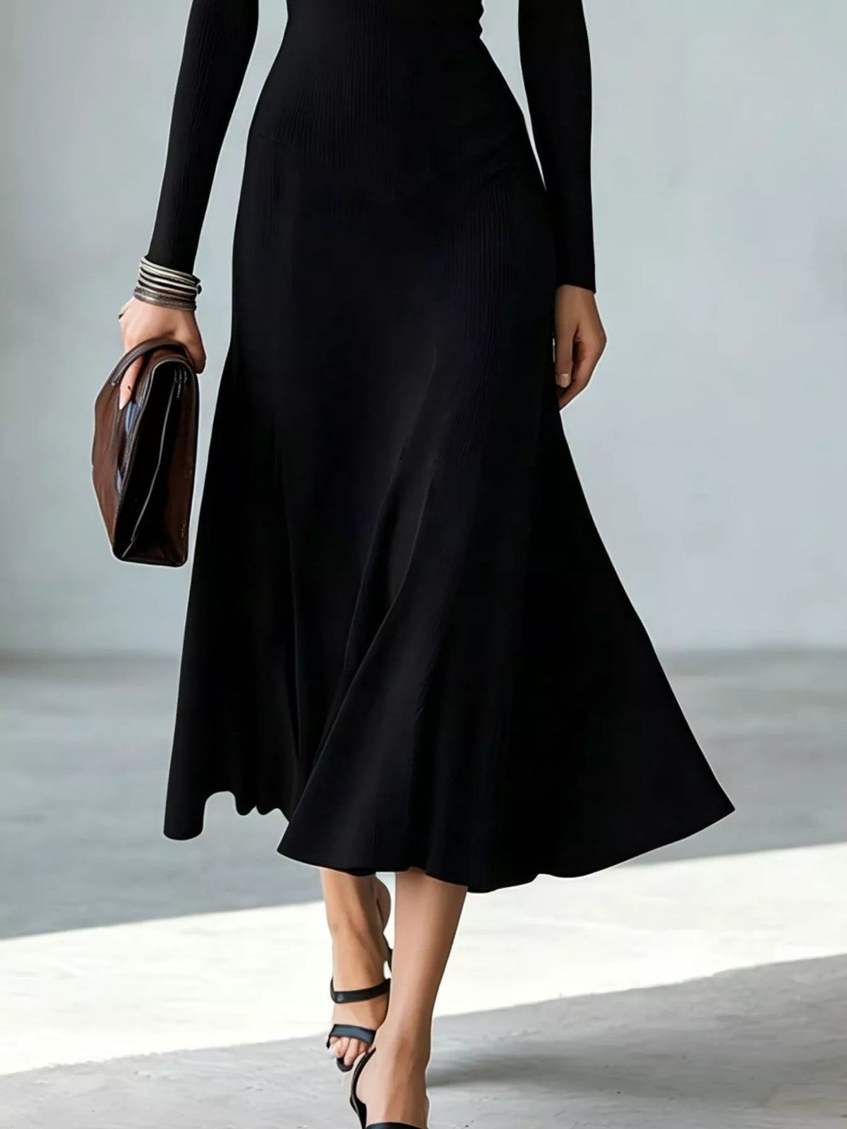 Full Size Mock Neck Cut-Out Long Sleeve Midi Dress Plus Size - Black - View 3