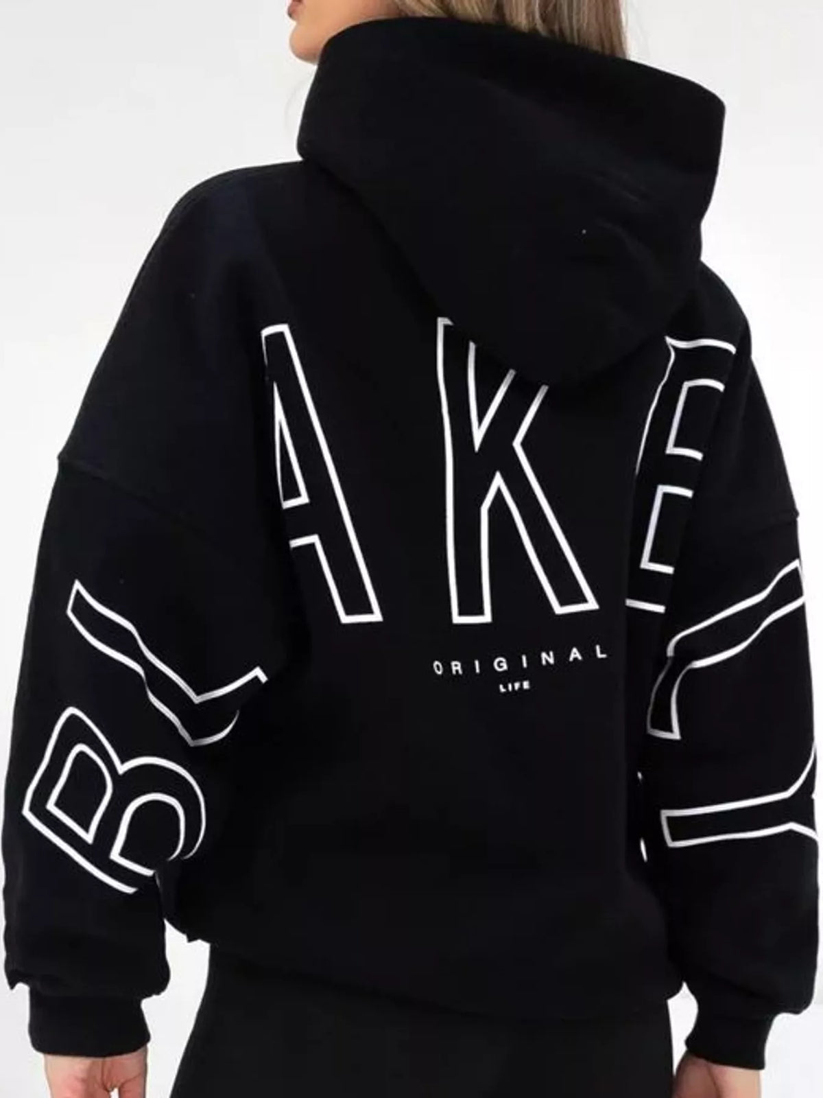 Letter Back Hoodie with Kangaroo Pocket - Black - View 3