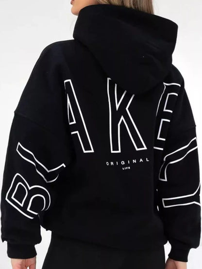 Letter Back Hoodie with Kangaroo Pocket - Black - View 3