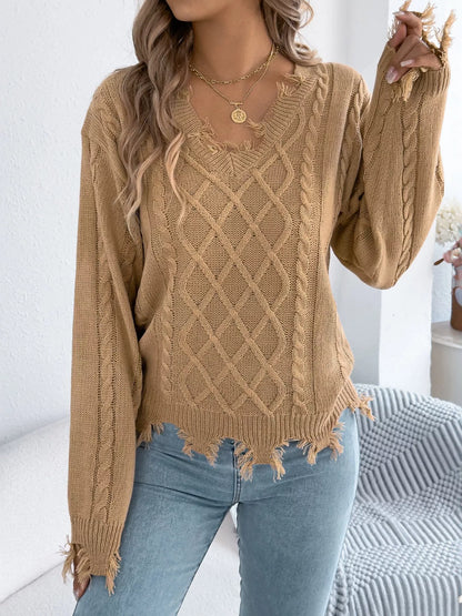 V-Neck Distressed Hem Cable Knit Sweater - Camel - View 3