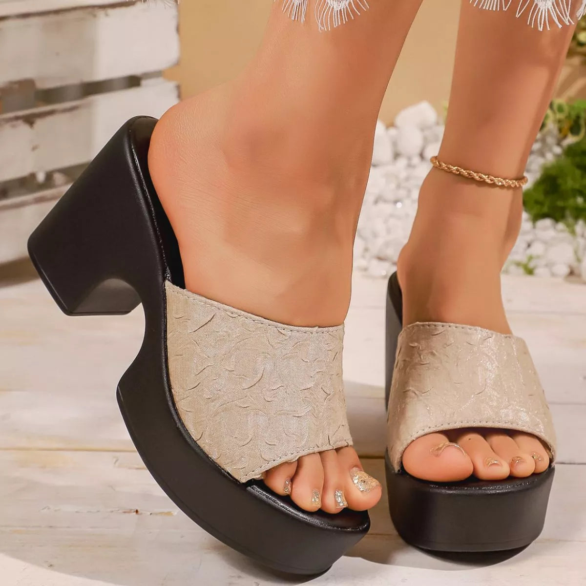 Open Toe Block Heels Sandals - Beige - View 9