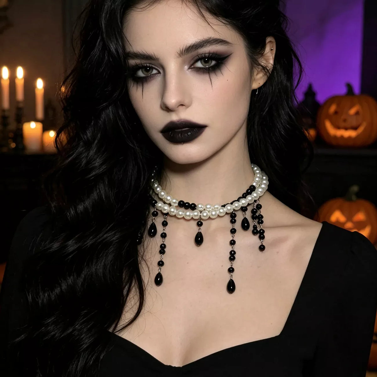 Halloween Pearl Double Layered Choker Necklace - Black - View 2