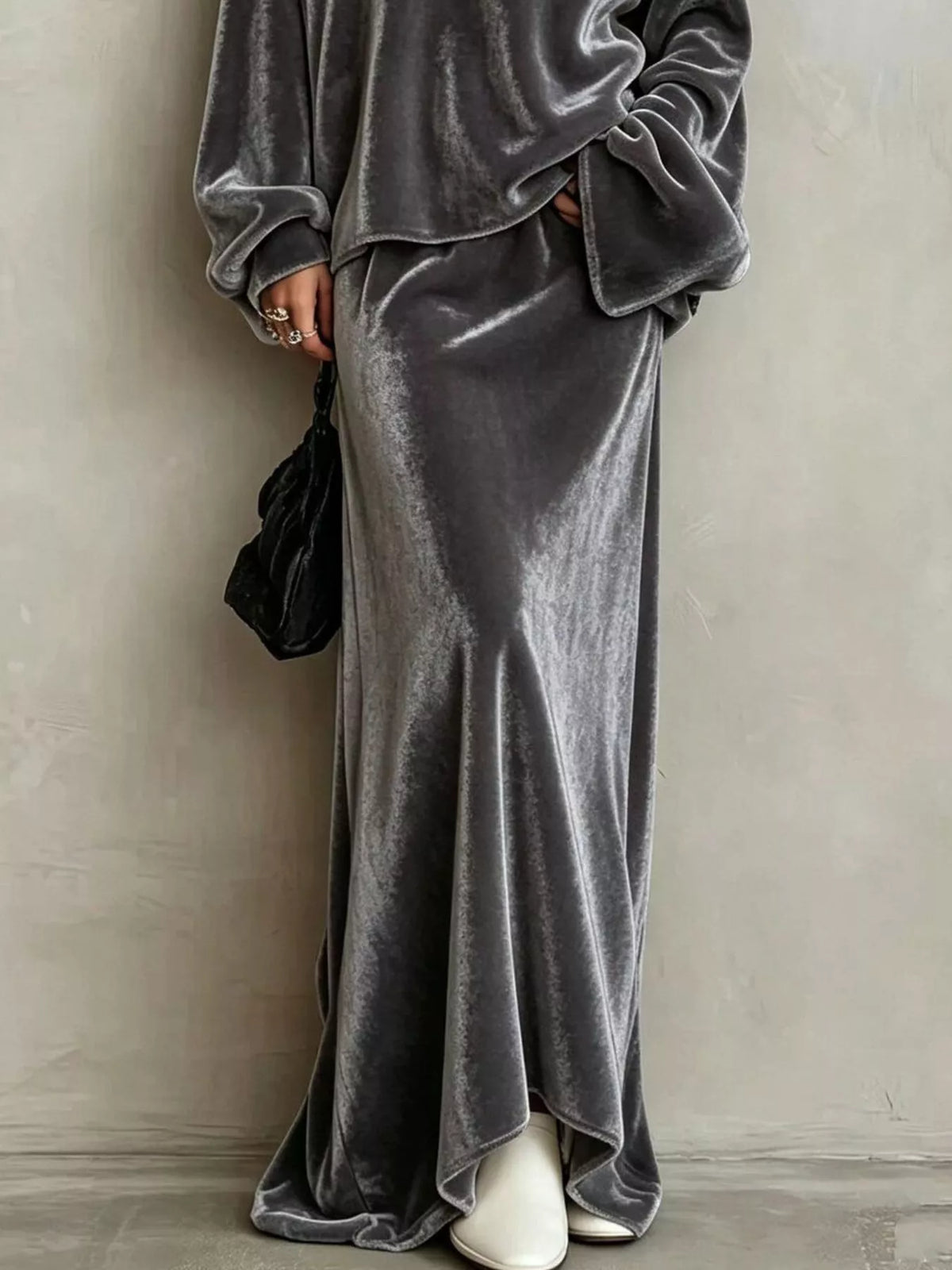 V-Neck Velvet Long Sleeve Top and Maxi Skirt Two-Piece Set - Black - View 5