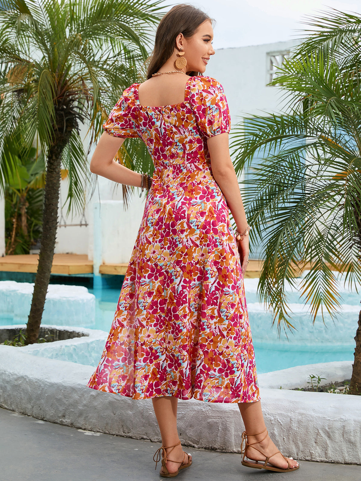 Floral Square Neck Short Sleeve Midi Dress - Multicolor - View 2