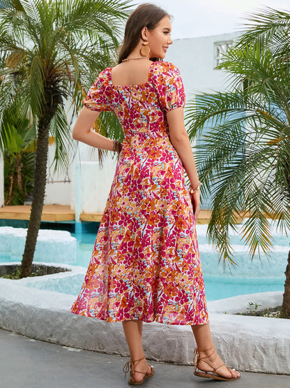 Floral Square Neck Short Sleeve Midi Dress - Multicolor - View 2