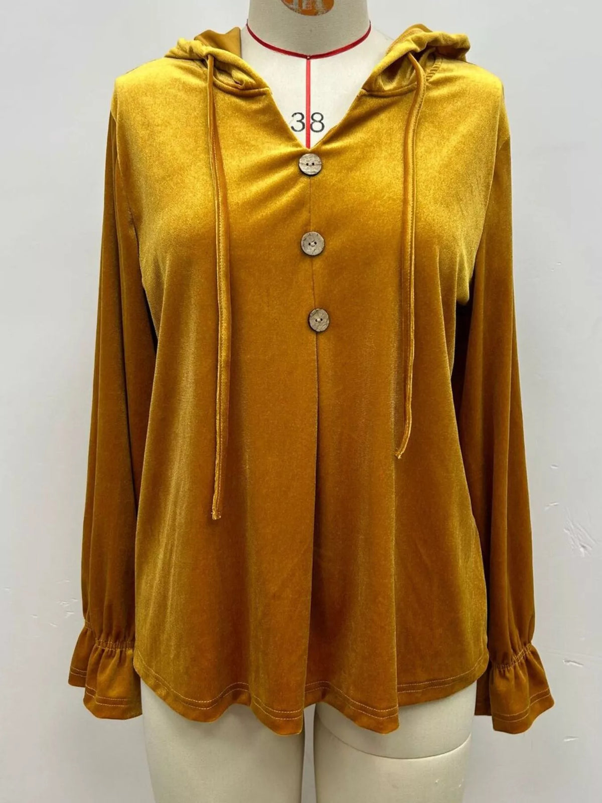 Full Size Decorative Buttons Velvet Hoodie Plus Size - Mustard - View 2
