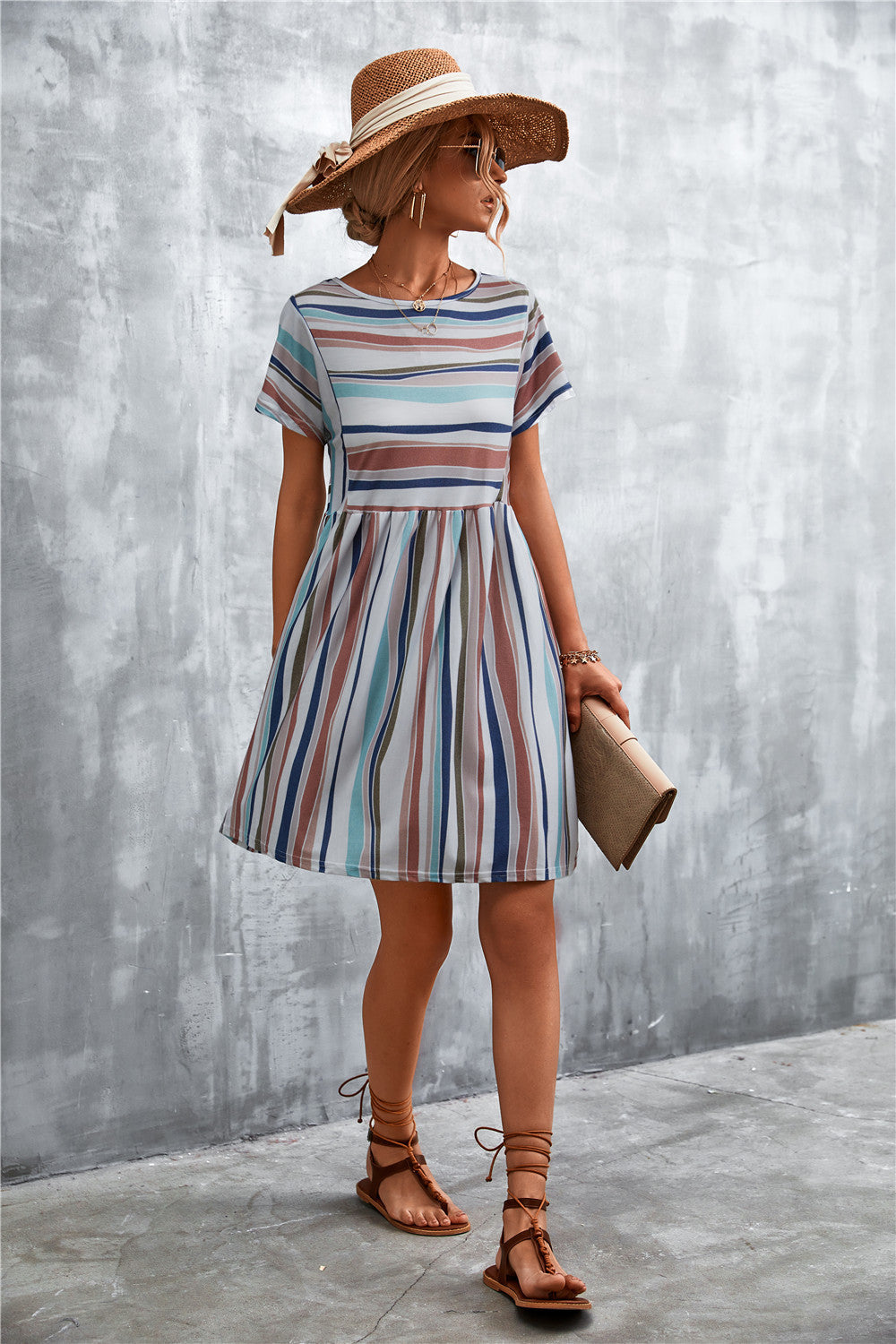Striped Round Neck Dress - Caramel - View 18