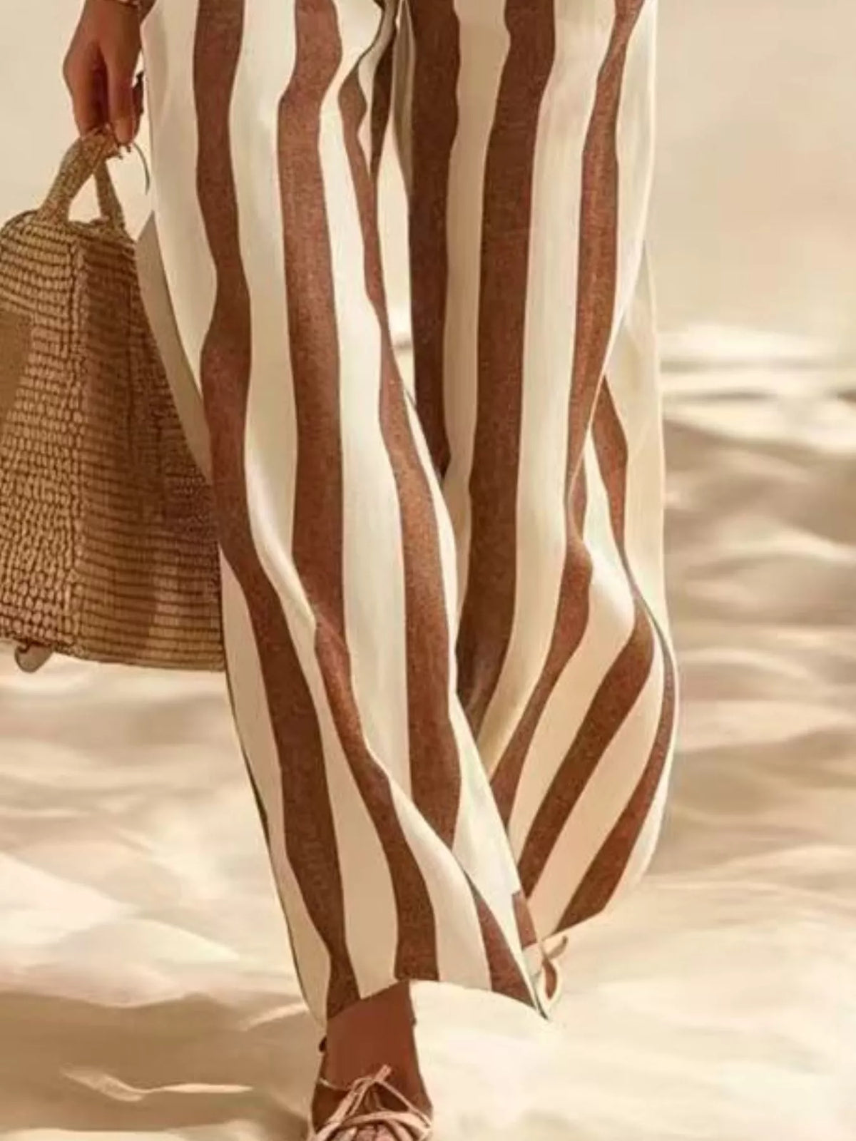 Full Size Striped Half Sleeve Top and Pants Set Plus Size - Caramel - View 3