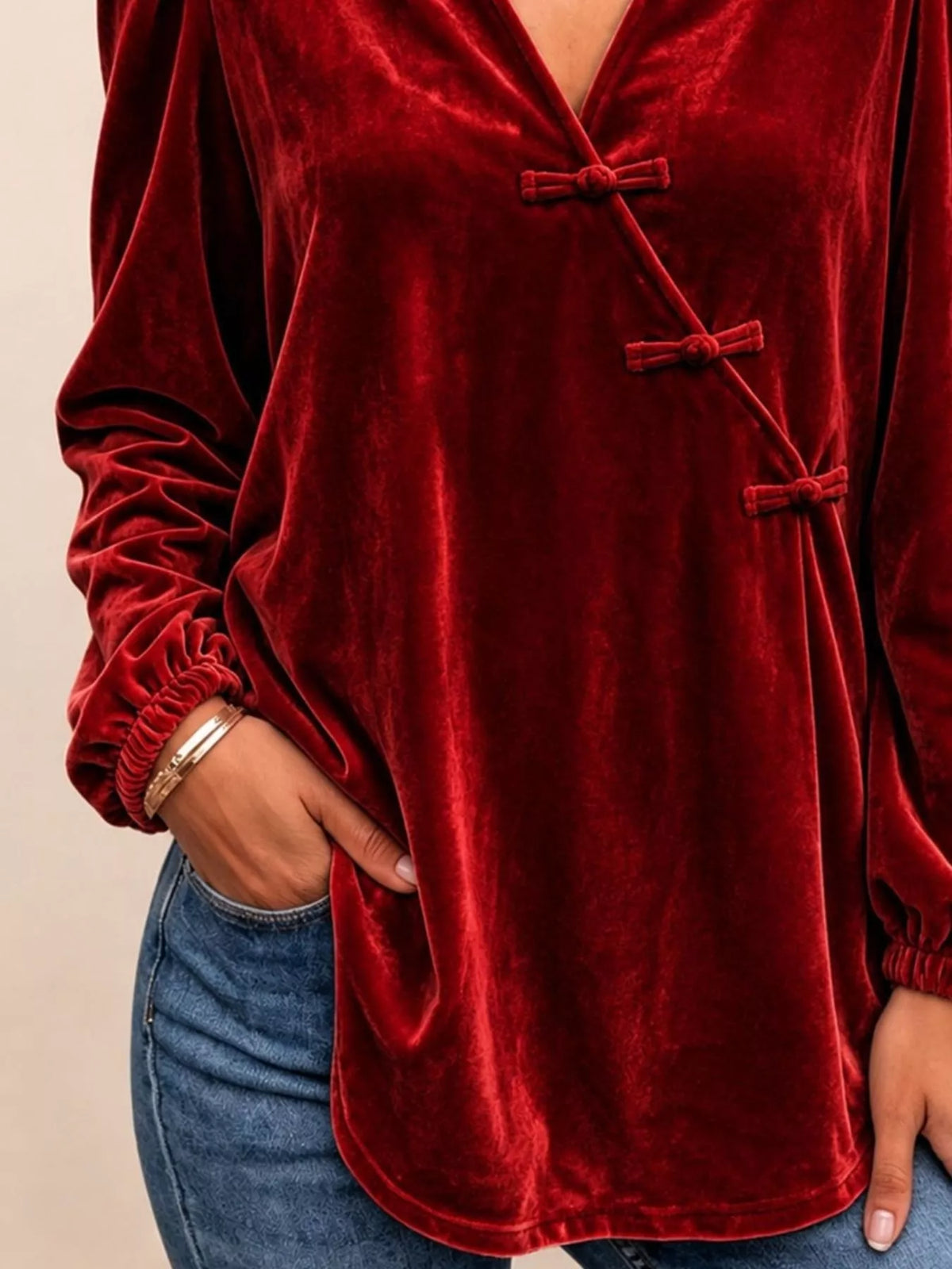 Chinese-Style Knot Buttons Velvet Blouse - Burgundy - View 2