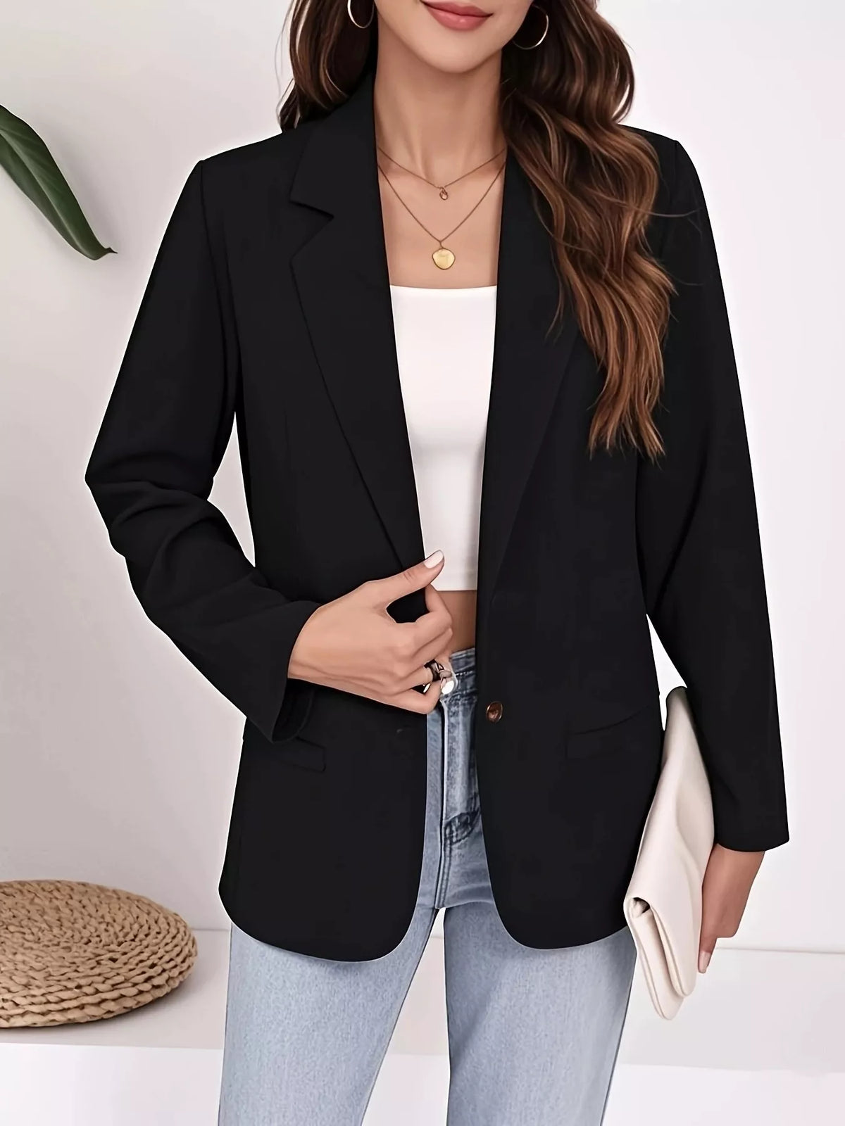 Plus Size Lapel Collar Single-Button Blazer - Black - View 1