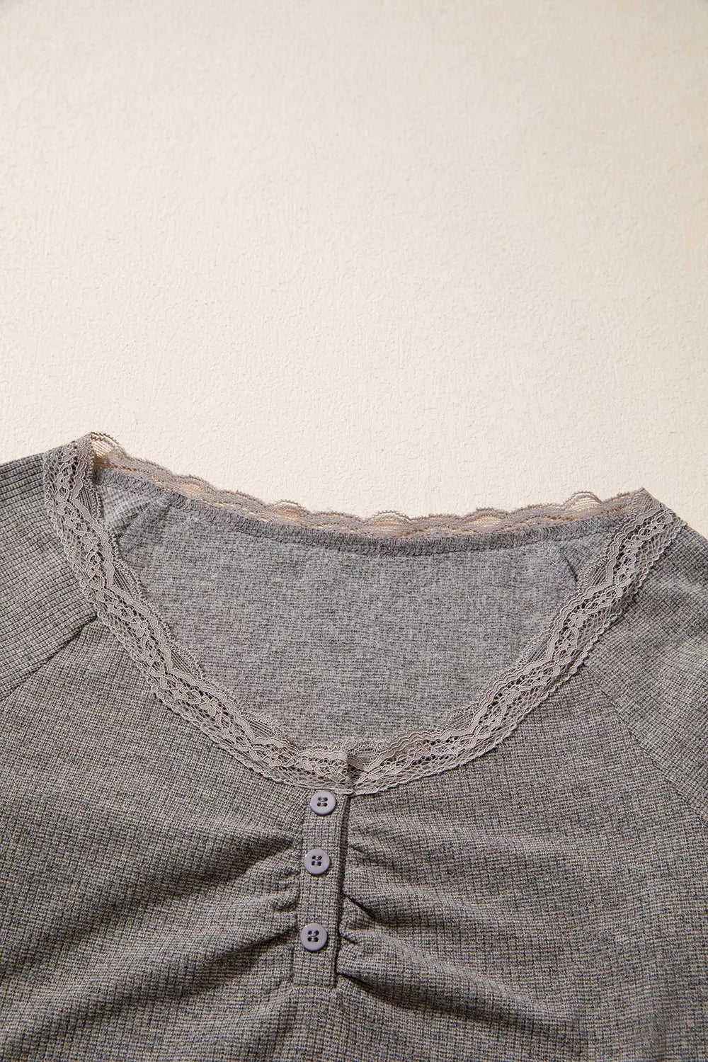 Solid Color Ribbed Lace Trim V-Neck Button Detail Long Sleeve Top - Dark Gray - View 6