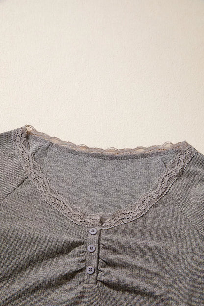 Solid Color Ribbed Lace Trim V-Neck Button Detail Long Sleeve Top - Dark Gray - View 6
