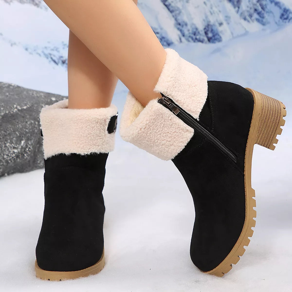 Round Toe Block Heels Boots - Black - View 5
