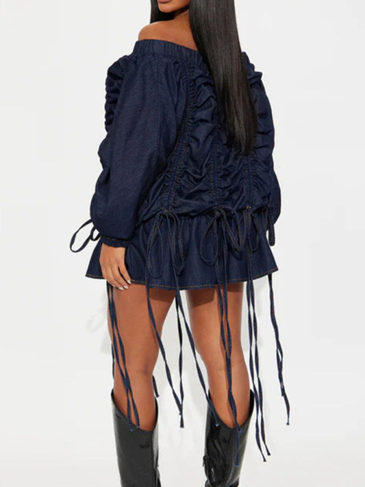 Off-Shoulder Ruched Denim Dress - product photo 2