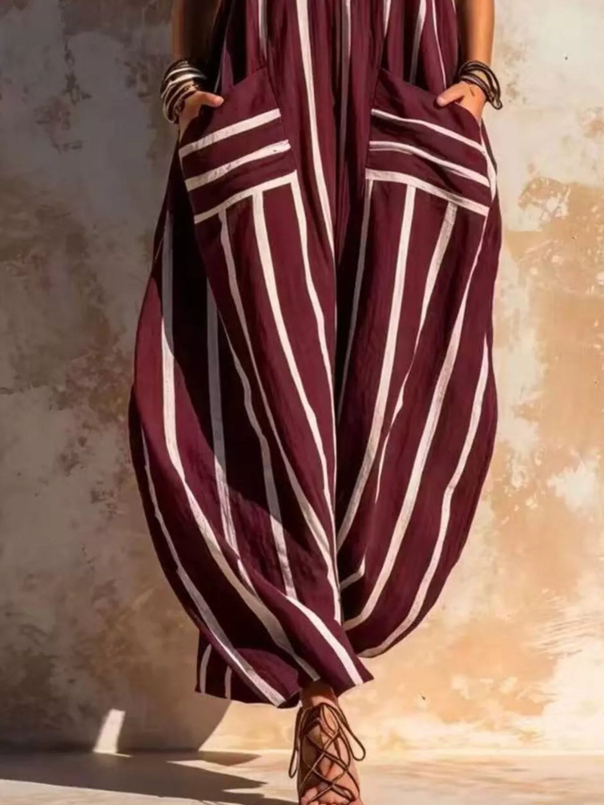 Striped V-Neck Sleeveless Wide-Leg Jumpsuit - Burgundy - View 3