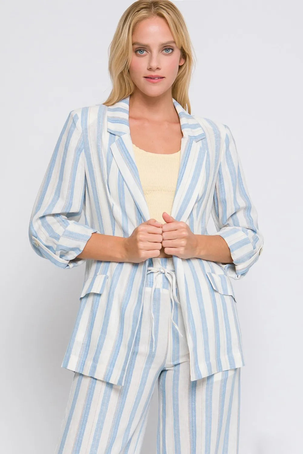 Love Tree Linen Woven Striped Blazer - Blue - View 1