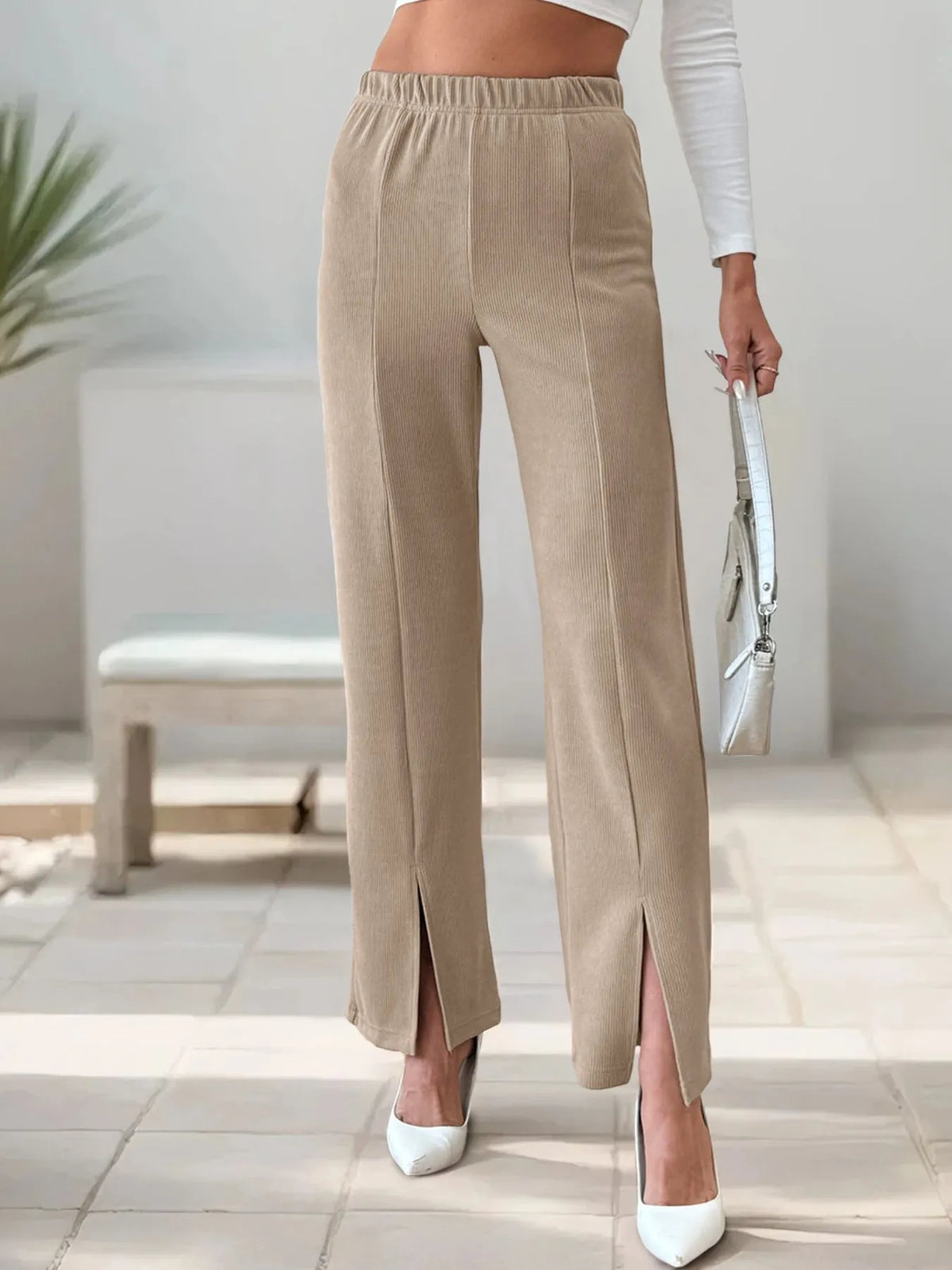 High-Waisted Slit Pants - Khaki - View 6