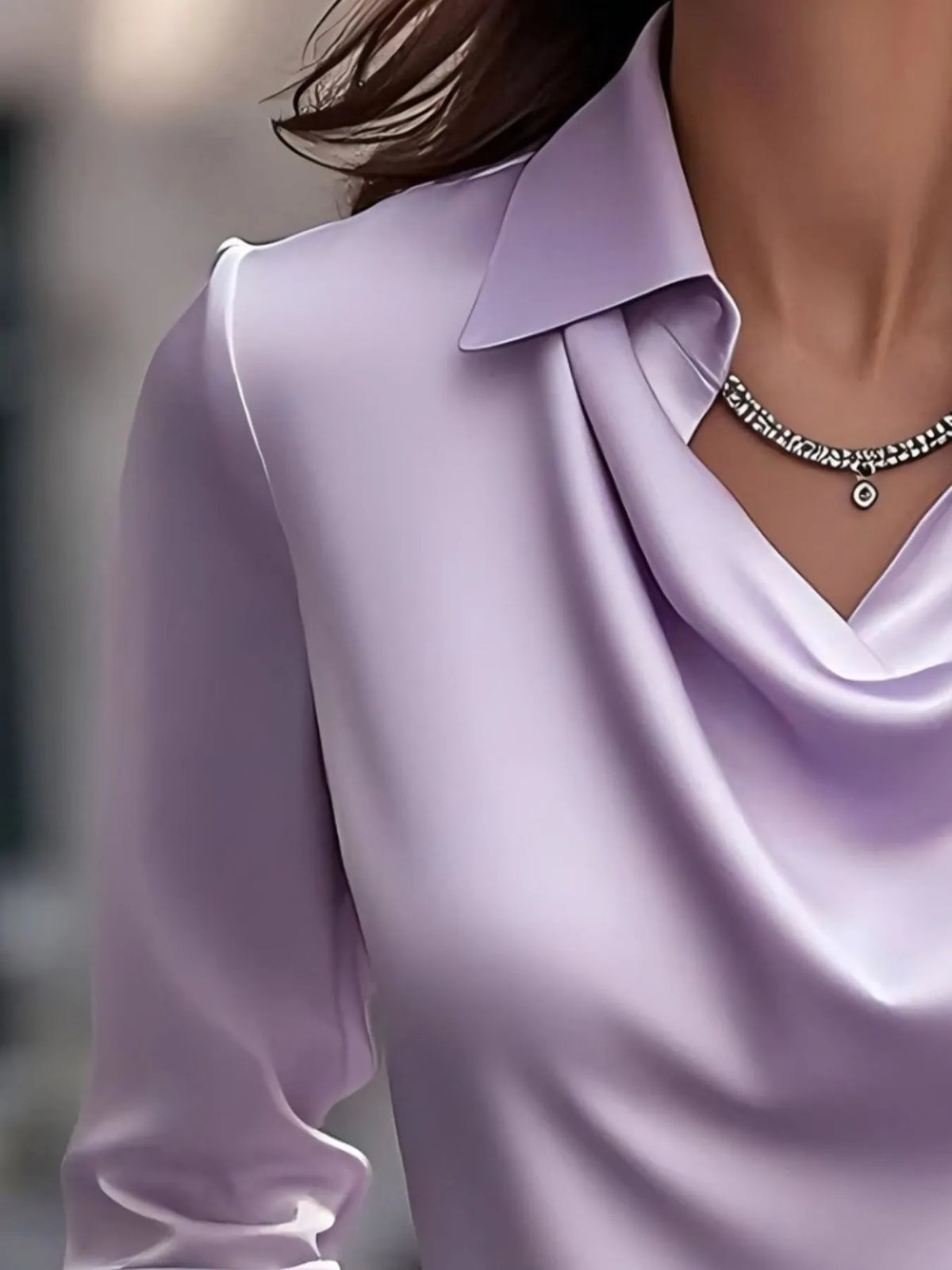 Satin Collar Long Sleeve Blouse - Lavender - View 9