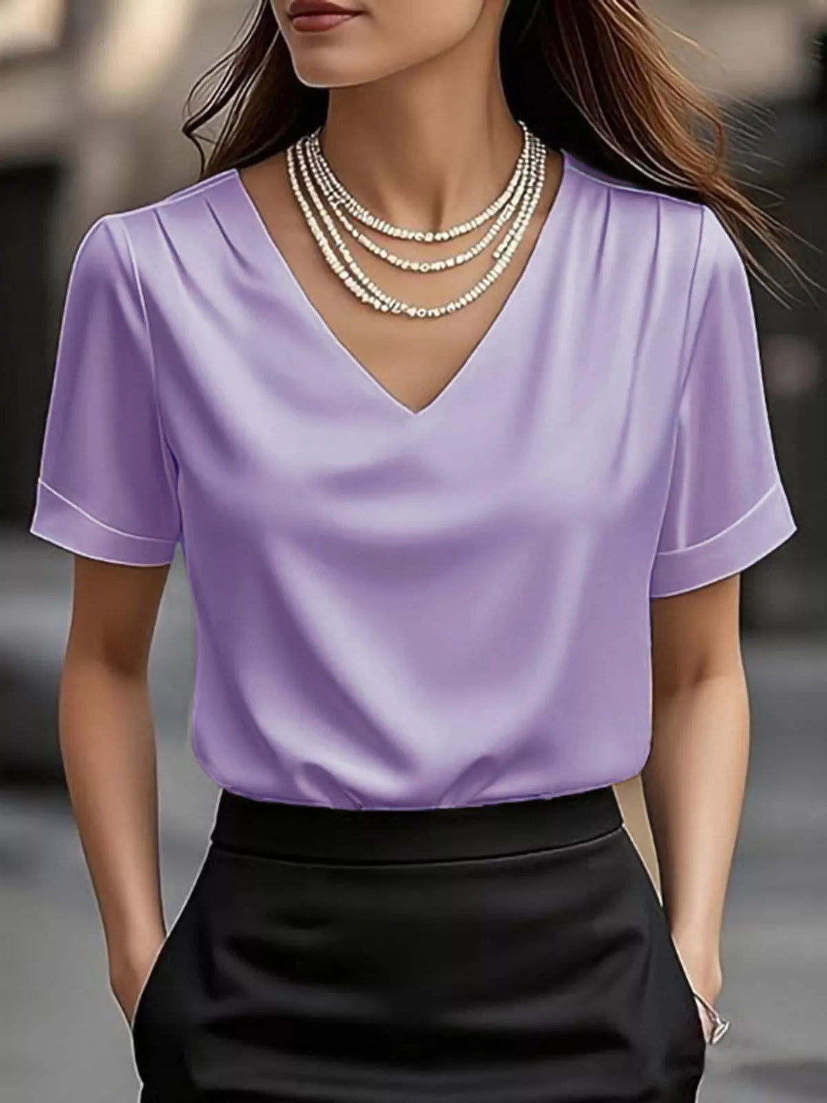 V-Neck Short Sleeve Satin Blouse - Light Purple - View 13