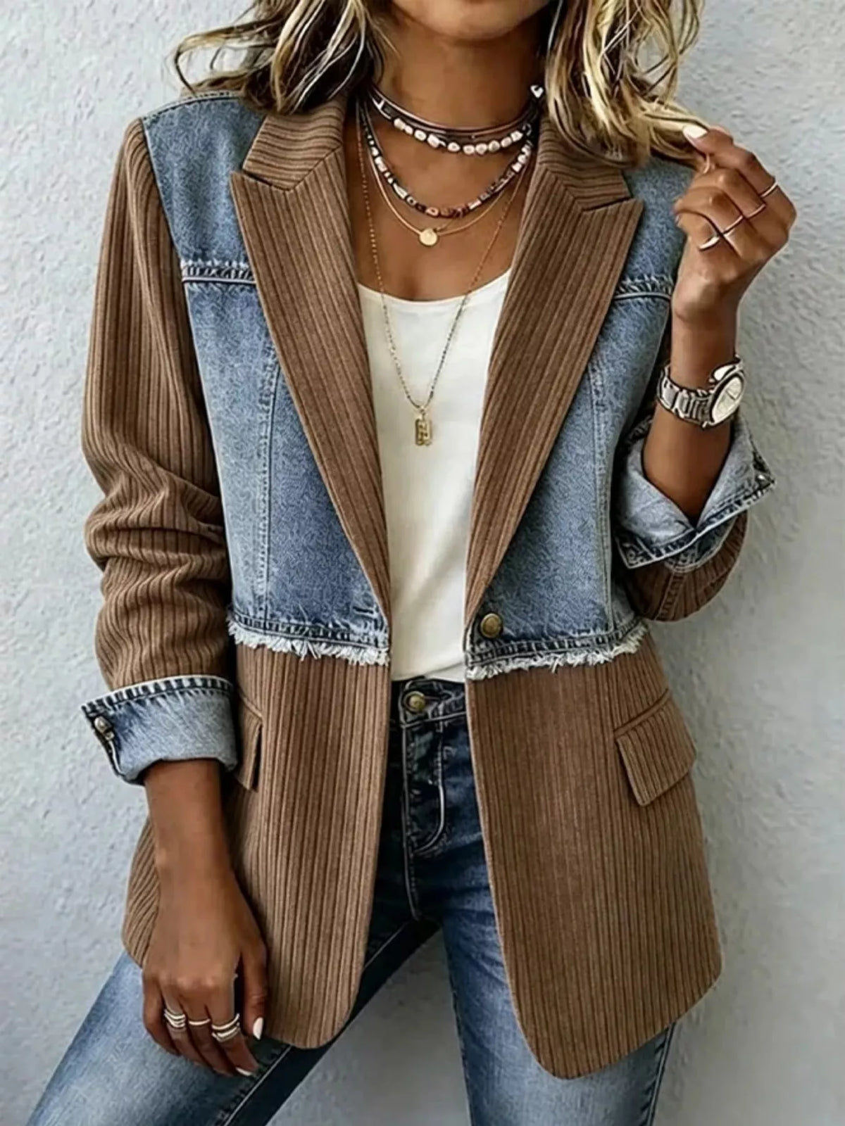 Full Size Patchwork Denim Ribbed Blazer Plus Size - Brown - View 1