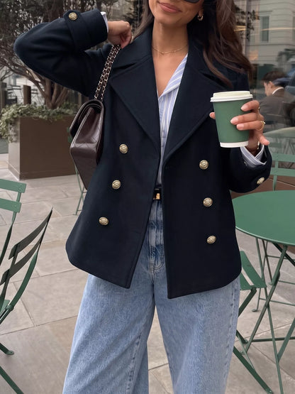 Double-Breasted Gold Button Blazer - Navy - View 3