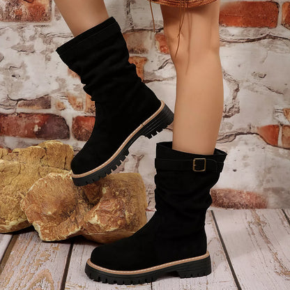 Buckle Accent Slouch Boots - Black - View 3