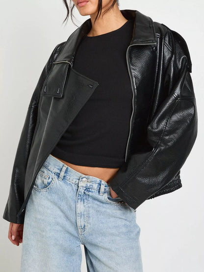 Faux Leather Moto Jacket with Asymmetrical Zip - Black - View 4