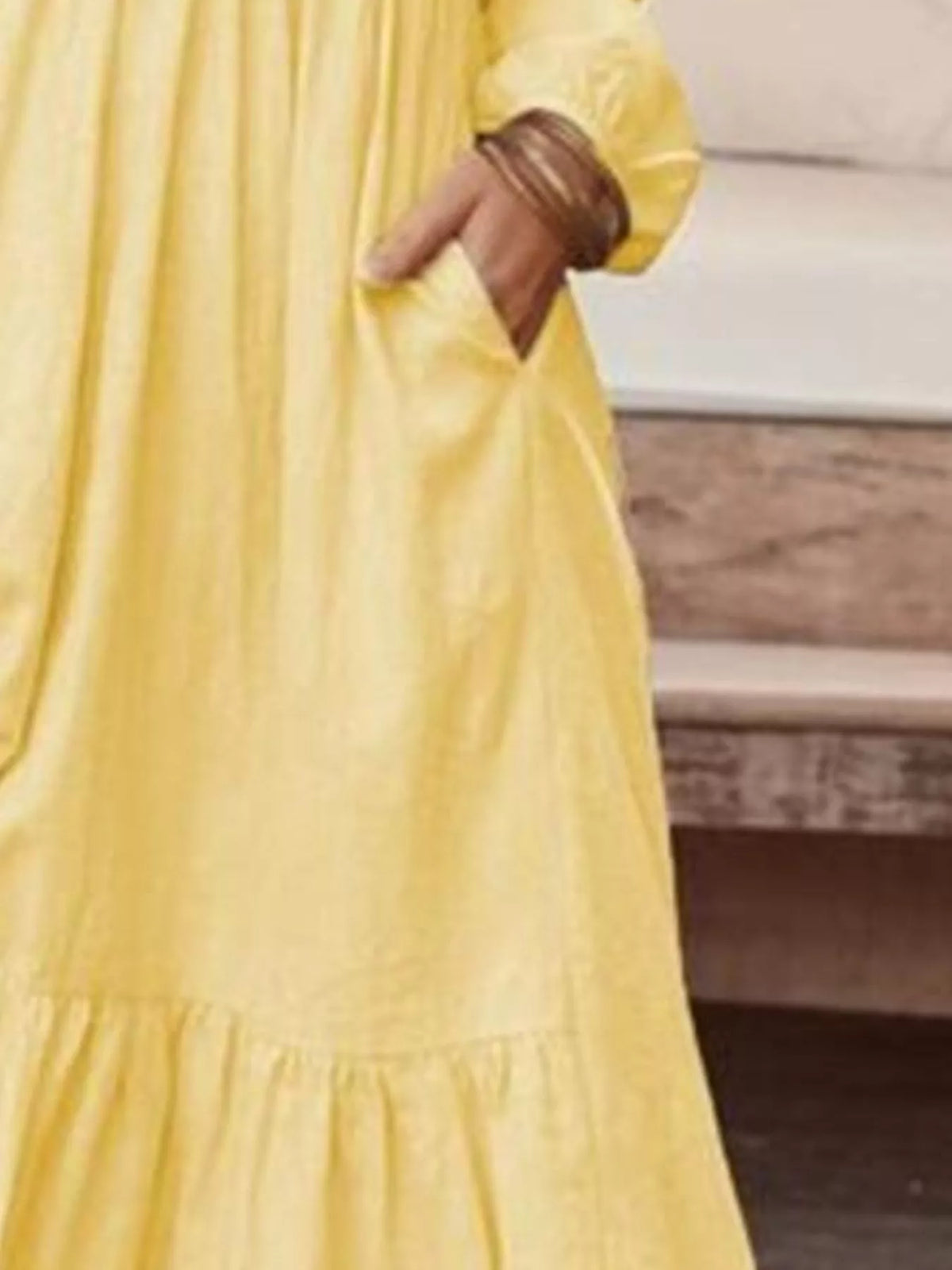 Full Size V-Neck Long Sleeve Tiered Maxi Dress with Pockets Plus Size - Light Yellow - View 2