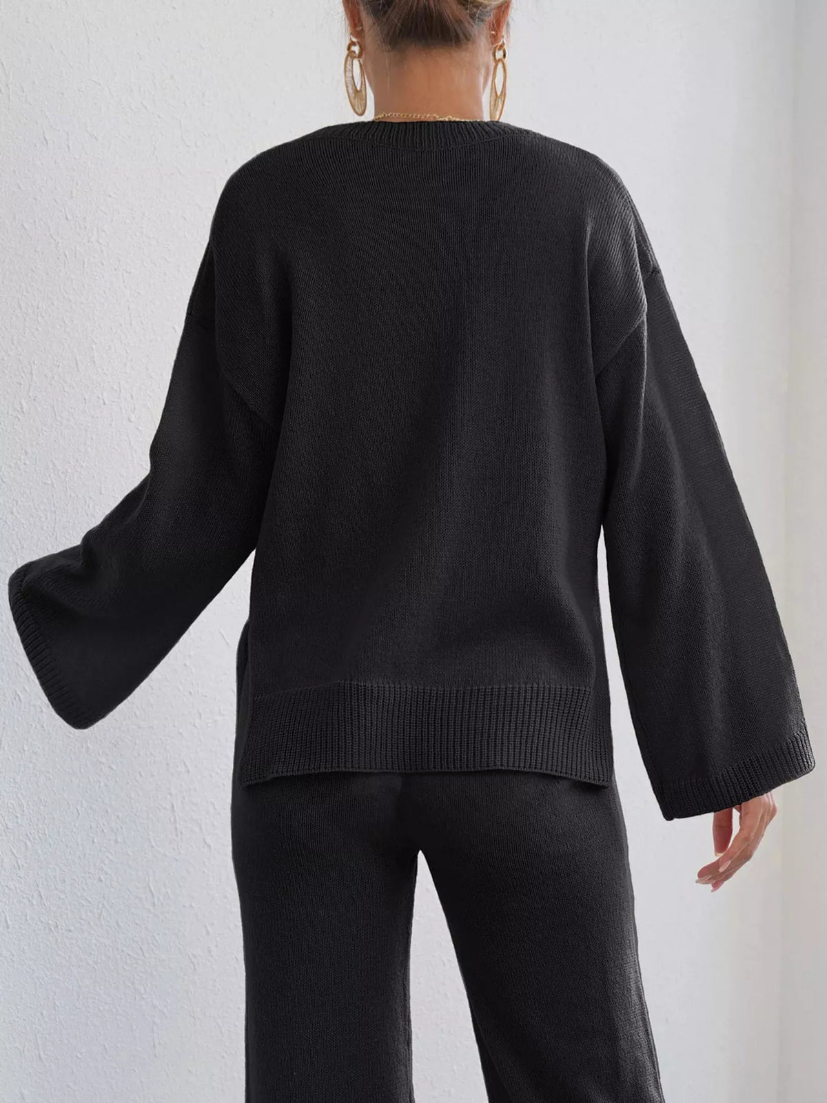 Floral Applique Crew Neck Sweater - Black - View 4