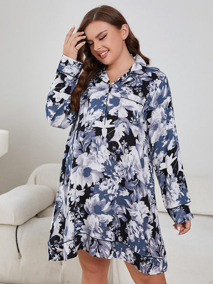 Plus Size Floral Lapel Collar Long Sleeve Night Dress - Multi - View 4
