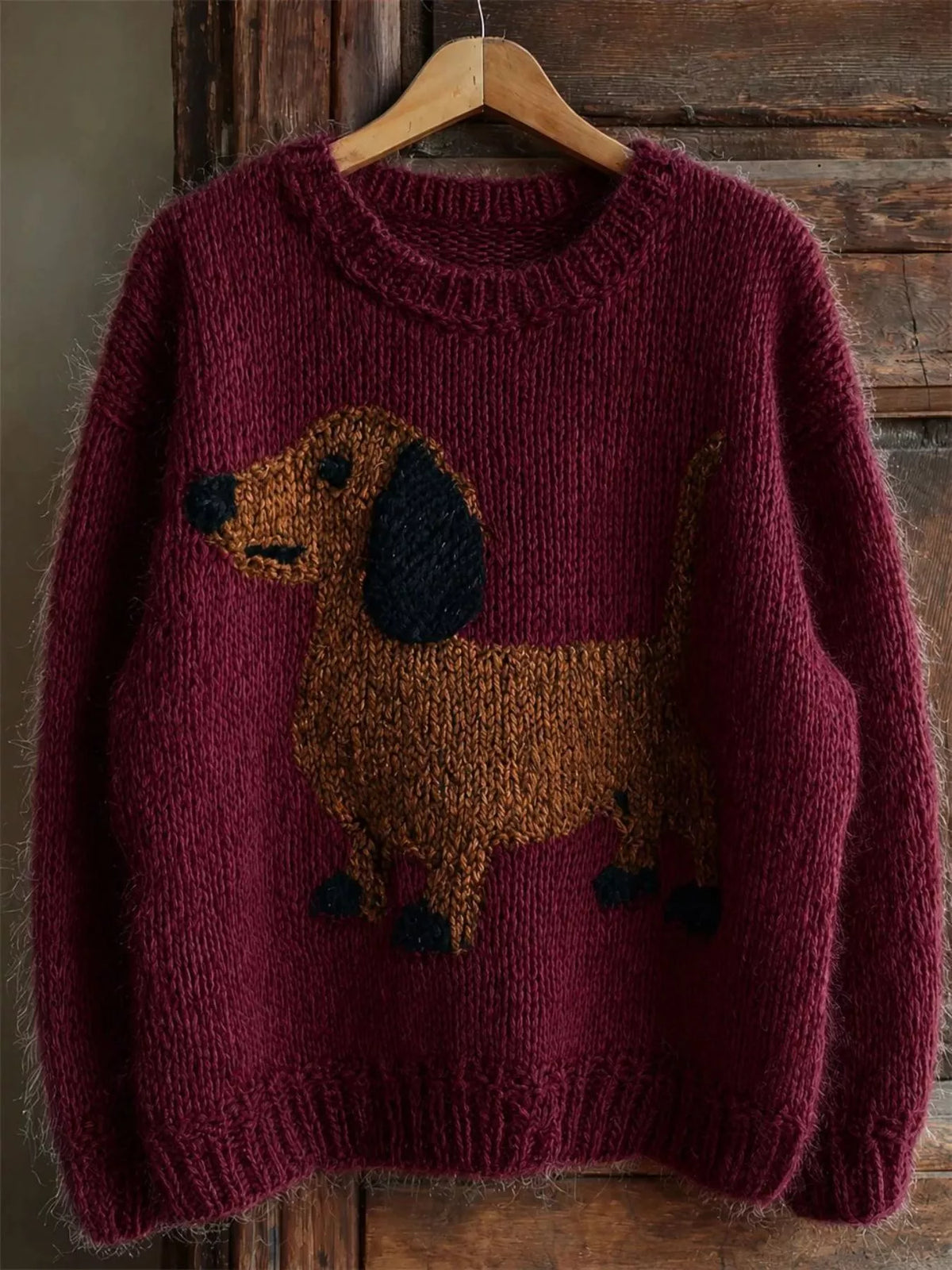 Dachshund Dropped Shoulder Sweater - Burgundy - View 1