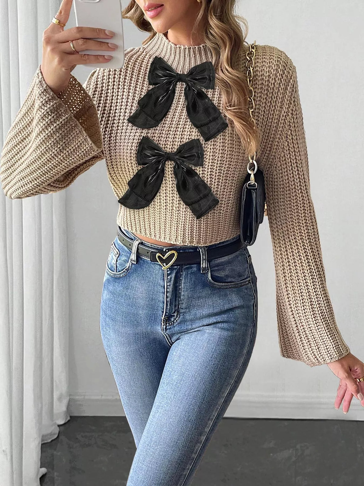 Bow-Decorated Mock Neck Cropped Sweater - Khaki - View 1
