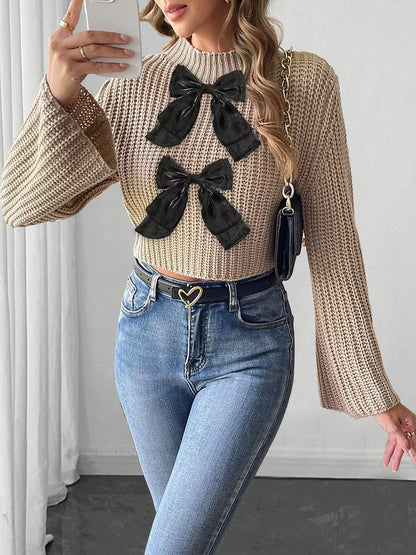 Bow-Decorated Mock Neck Cropped Sweater - Khaki - View 1