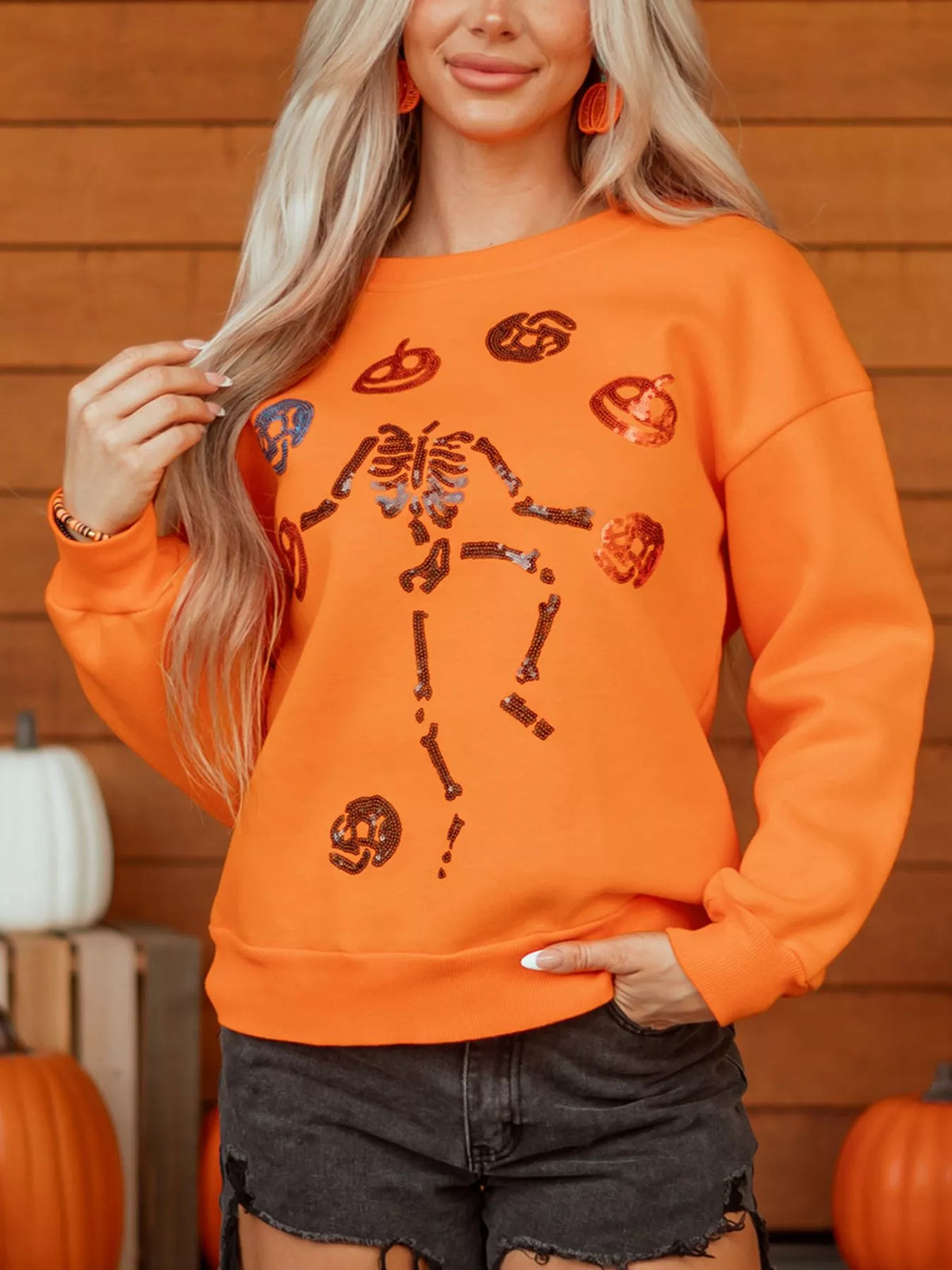 Dancing Critters Sequin Halloween Crewneck Sweatshirt - Orange - View 4