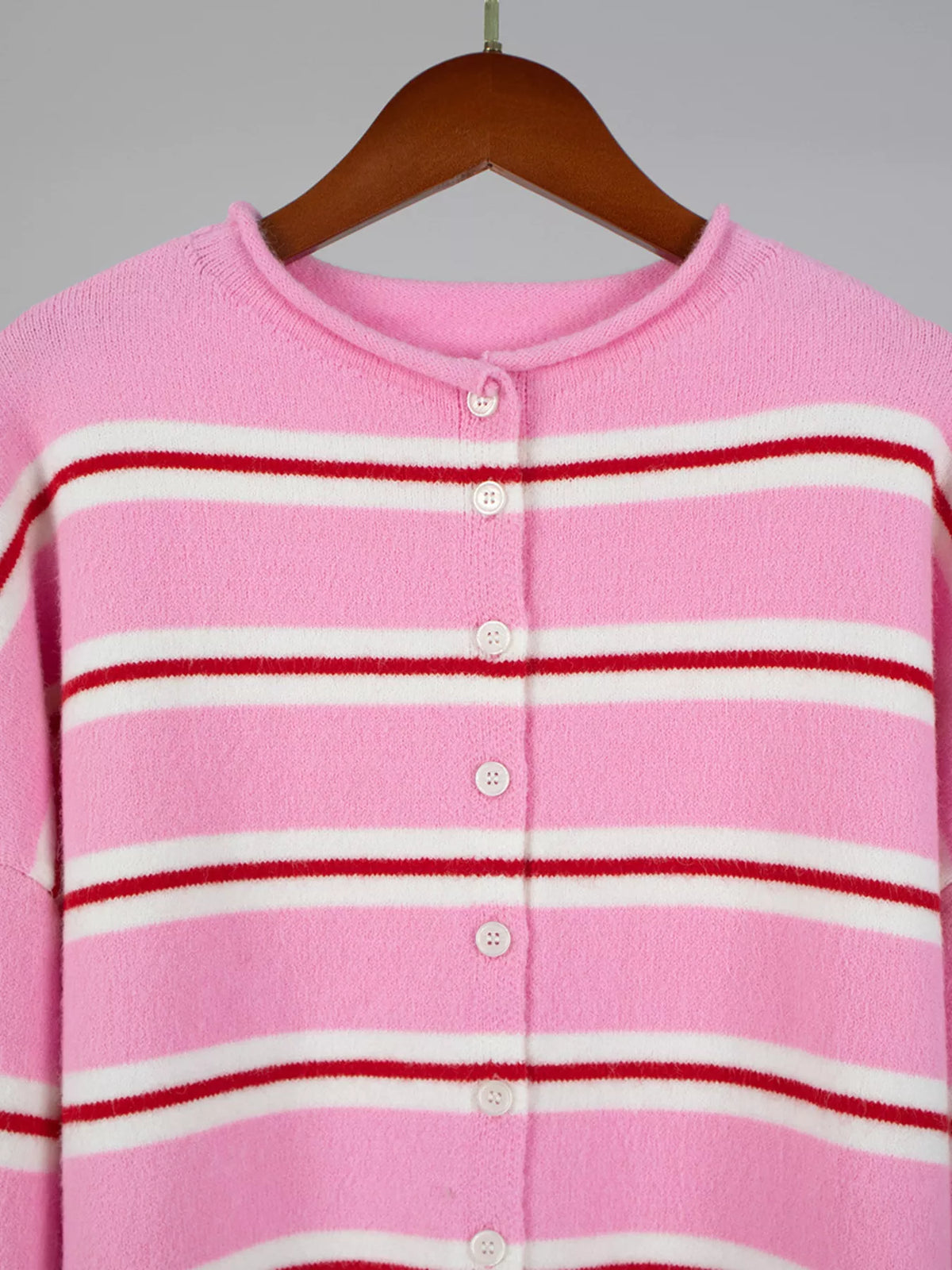 Striped Button-Down Knit Cardigan - Fuchsia Pink - View 9